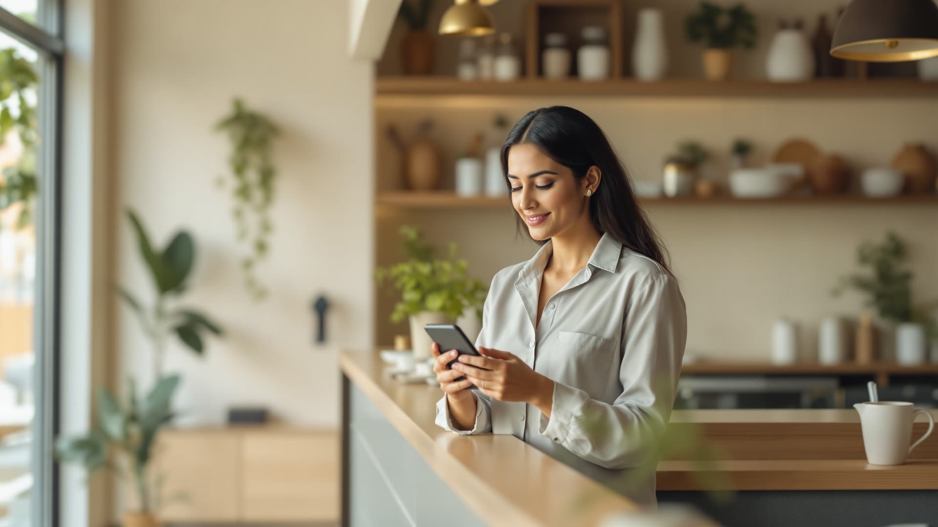 A local business owner checking her phone at a tidy reception counter, confident that customer messages are handled